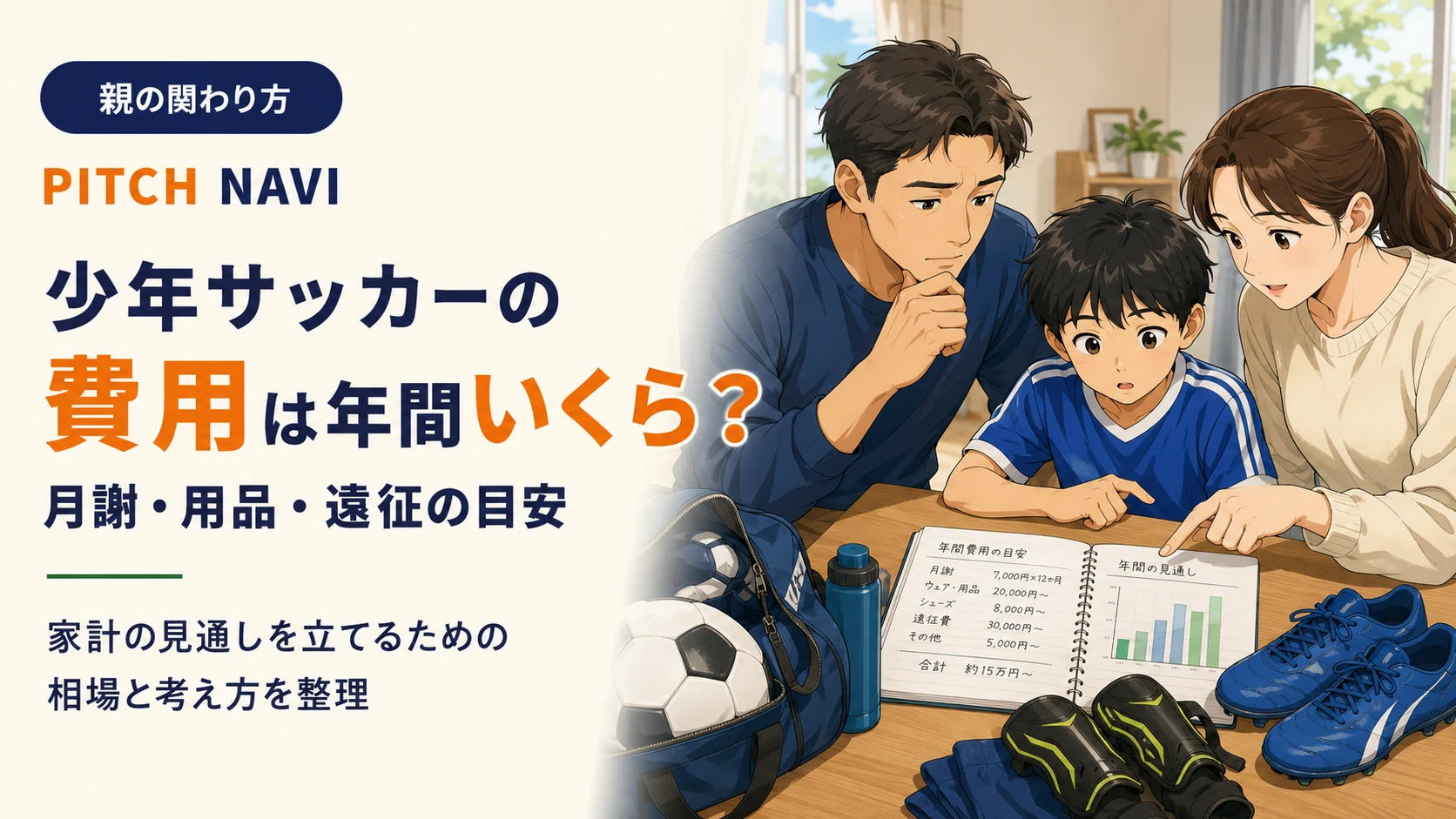 リビングでノートを広げ、月謝や用品にかかる費用を親子で確認するアイキャッチ
