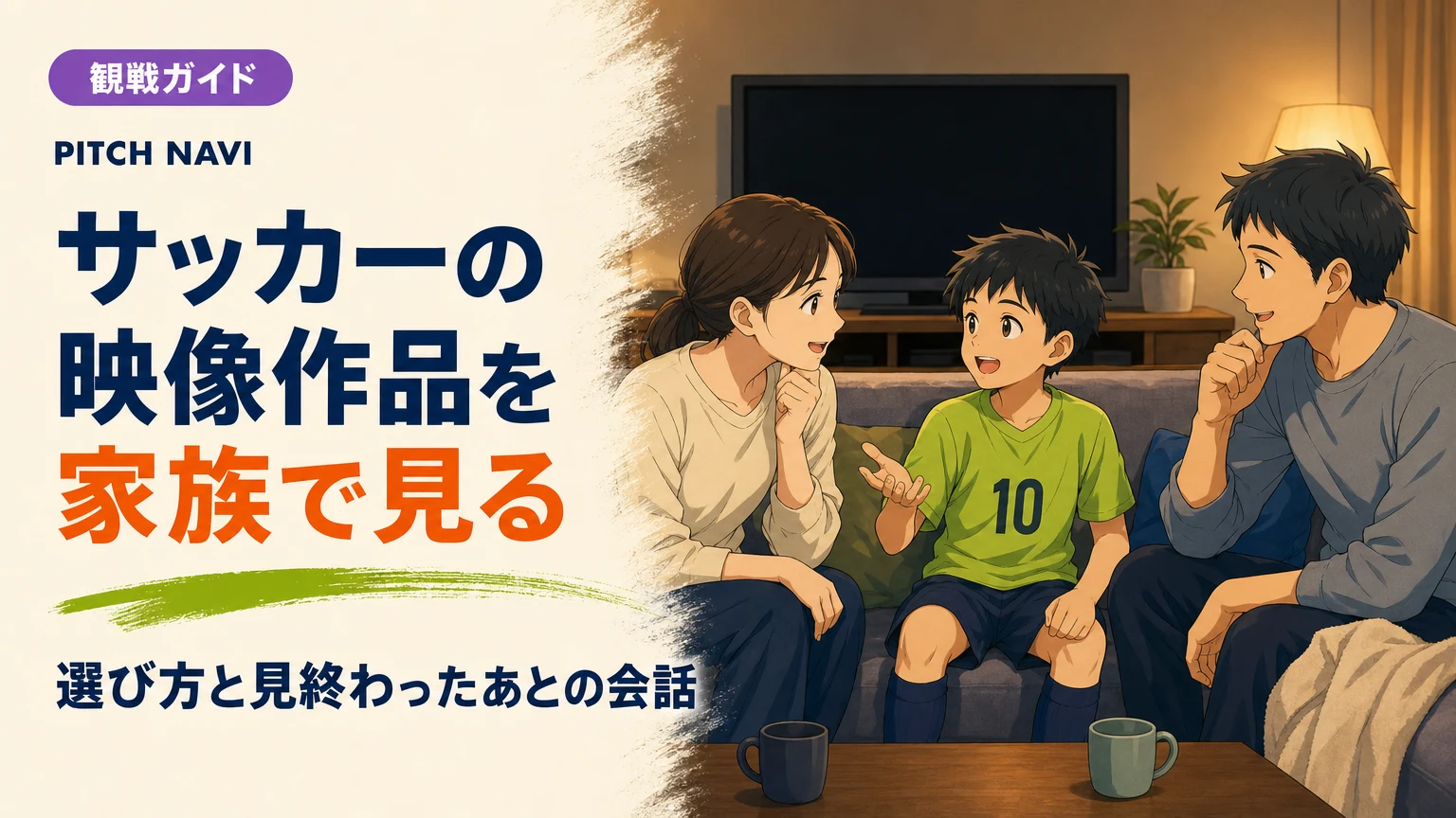 映画を見終わったあと、消えたテレビの前で感想を話し合う家族のアイキャッチ