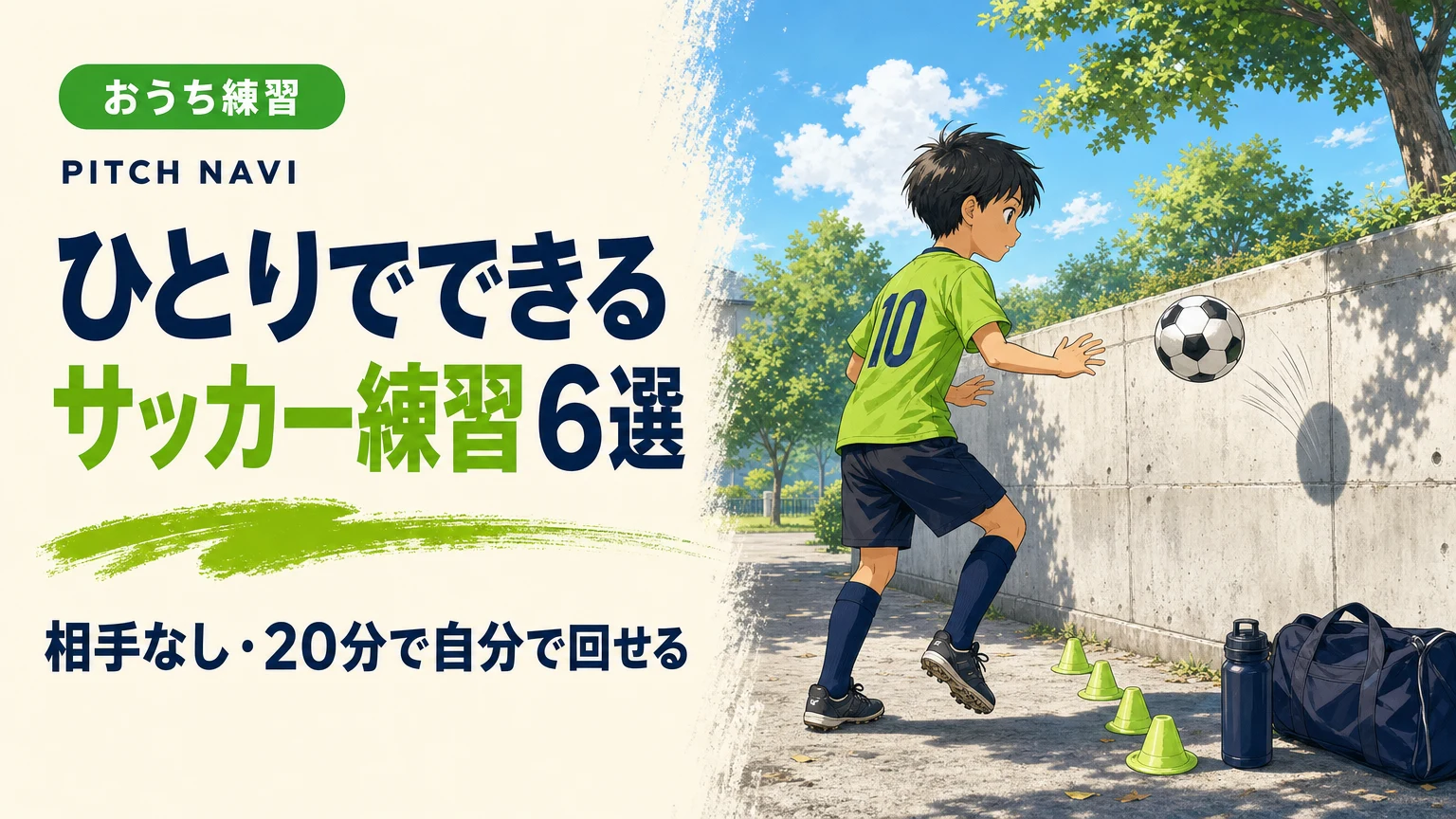 夕方の公園で、コンクリートの壁に向かって一人で壁当て練習をする少年のアイキャッチ