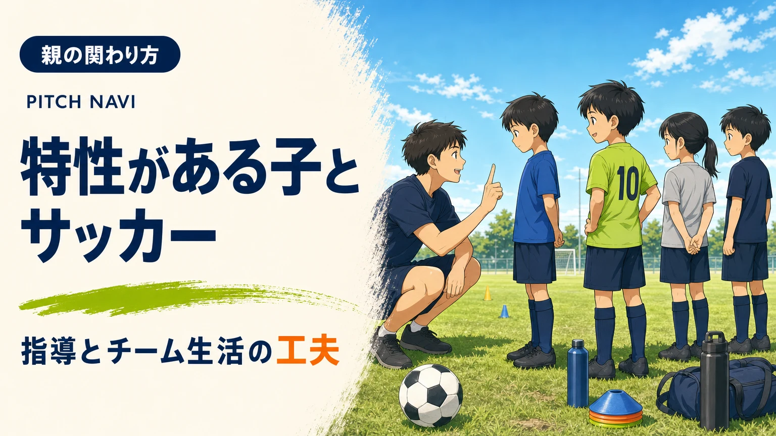 コーチが目線を合わせてしゃがみ、指を1本立てて短く伝え、他の子が急かさず待つアイキャッチ