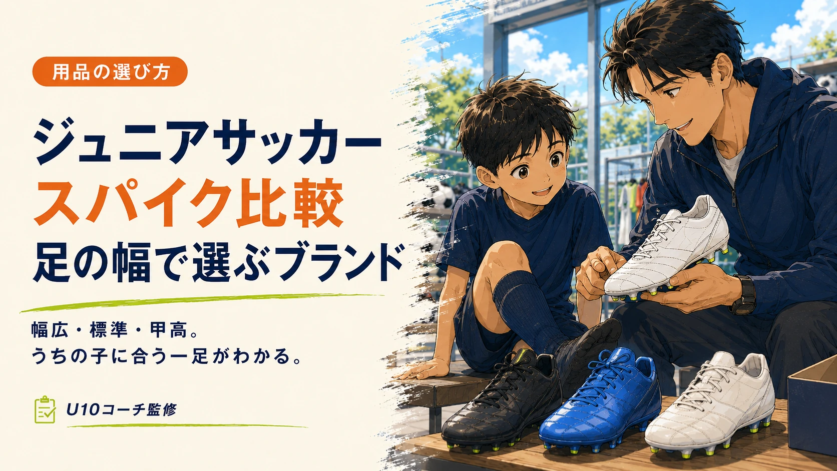 親子が足幅に合うジュニアサッカースパイクを比較するアイキャッチ