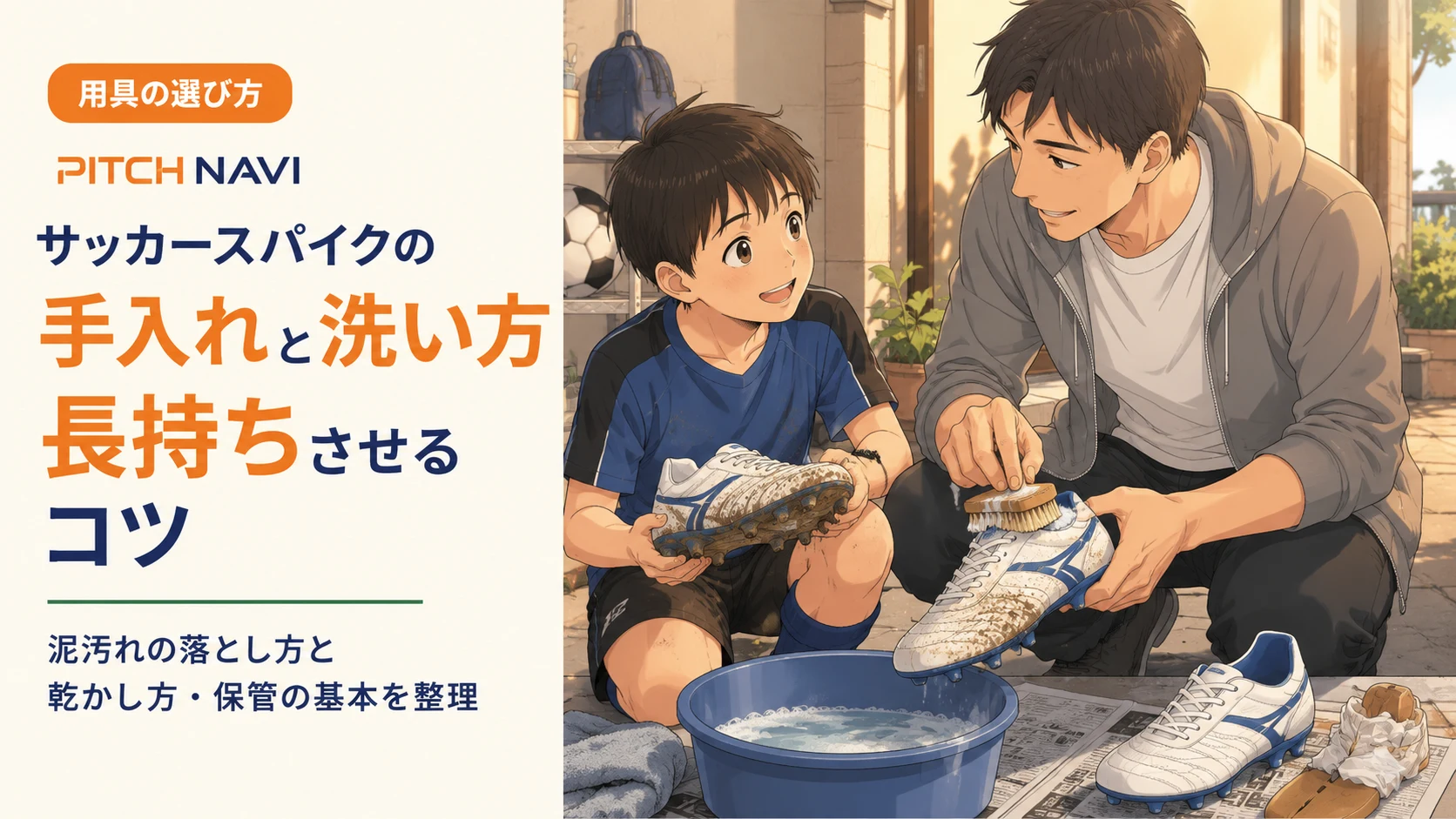 屋外で父と子が泥のついたスパイクをブラシで洗って手入れするアイキャッチ