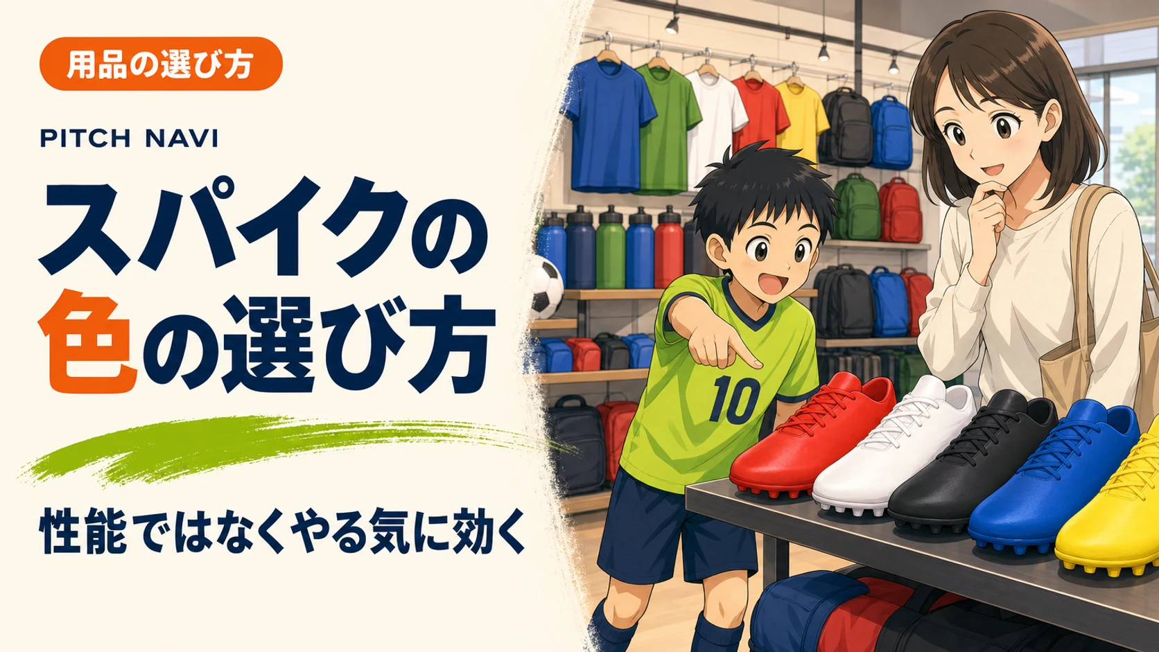 スポーツ店の台に並んだ赤・白・黒・青・黄の無地のスパイクを指さす少年と母親のアイキャッチ
