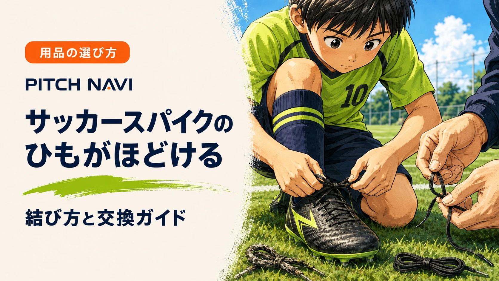 グラウンドでスパイクのひもを結び直す少年と、新しい替えひもを持つ大人の手のアイキャッチ
