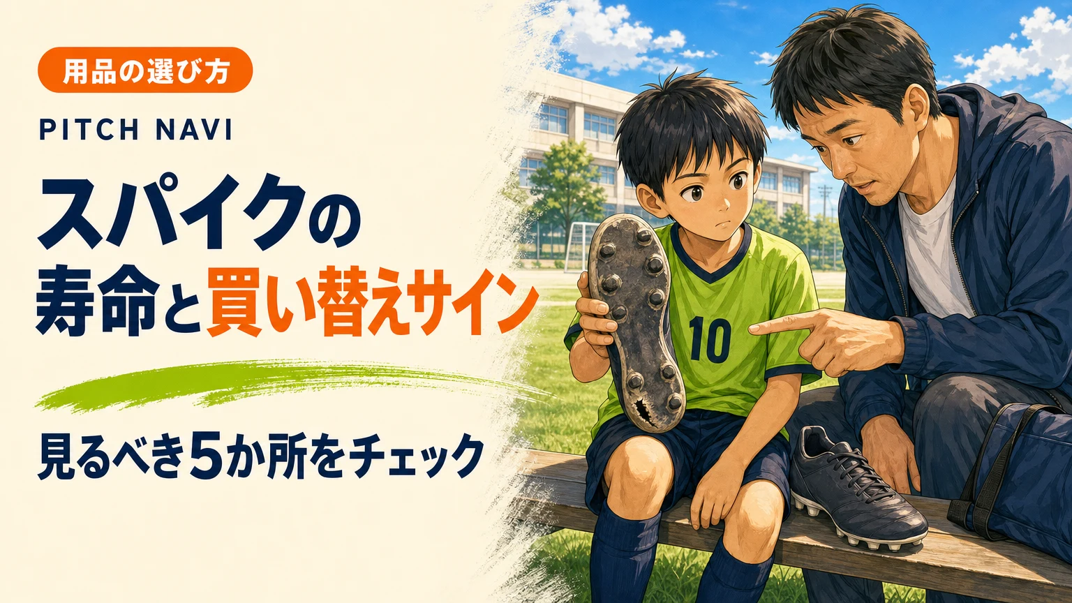 すり減ったスパイクのソールを父親と一緒に確認する少年のアイキャッチ
