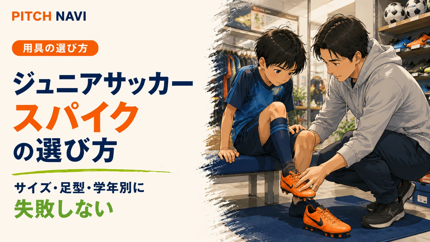 店頭で保護者が子どもの足にサッカースパイクを合わせて選ぶアイキャッチ