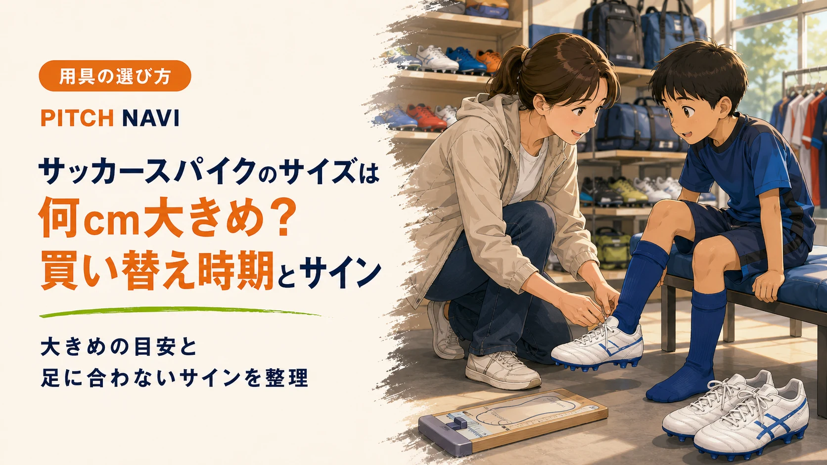 店頭で母親が子どもの足に合わせてスパイクのサイズを見るアイキャッチ