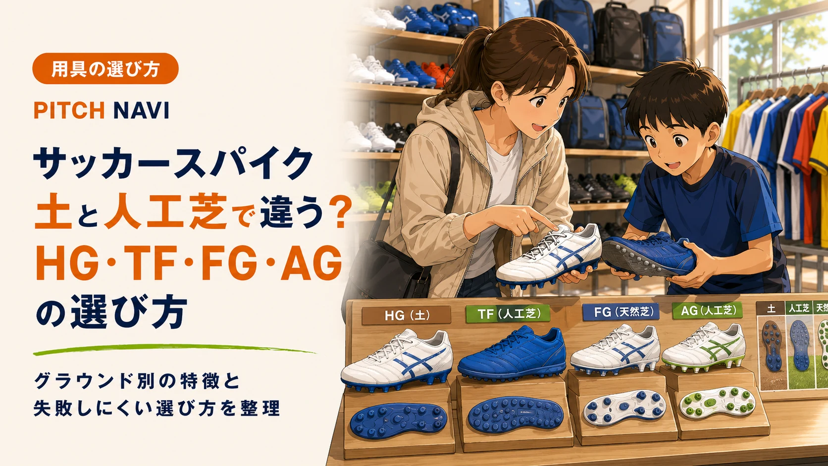 土・人工芝・天然芝でソール(HG/TF/FG/AG)がどう違うかを店頭で比べる親子のアイキャッチ