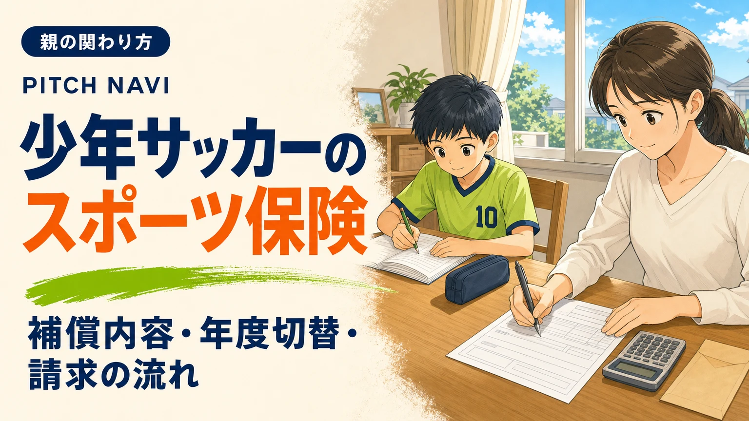 食卓で保険の書類に記入する母親と、膝に絆創膏を貼って宿題をする少年のアイキャッチ