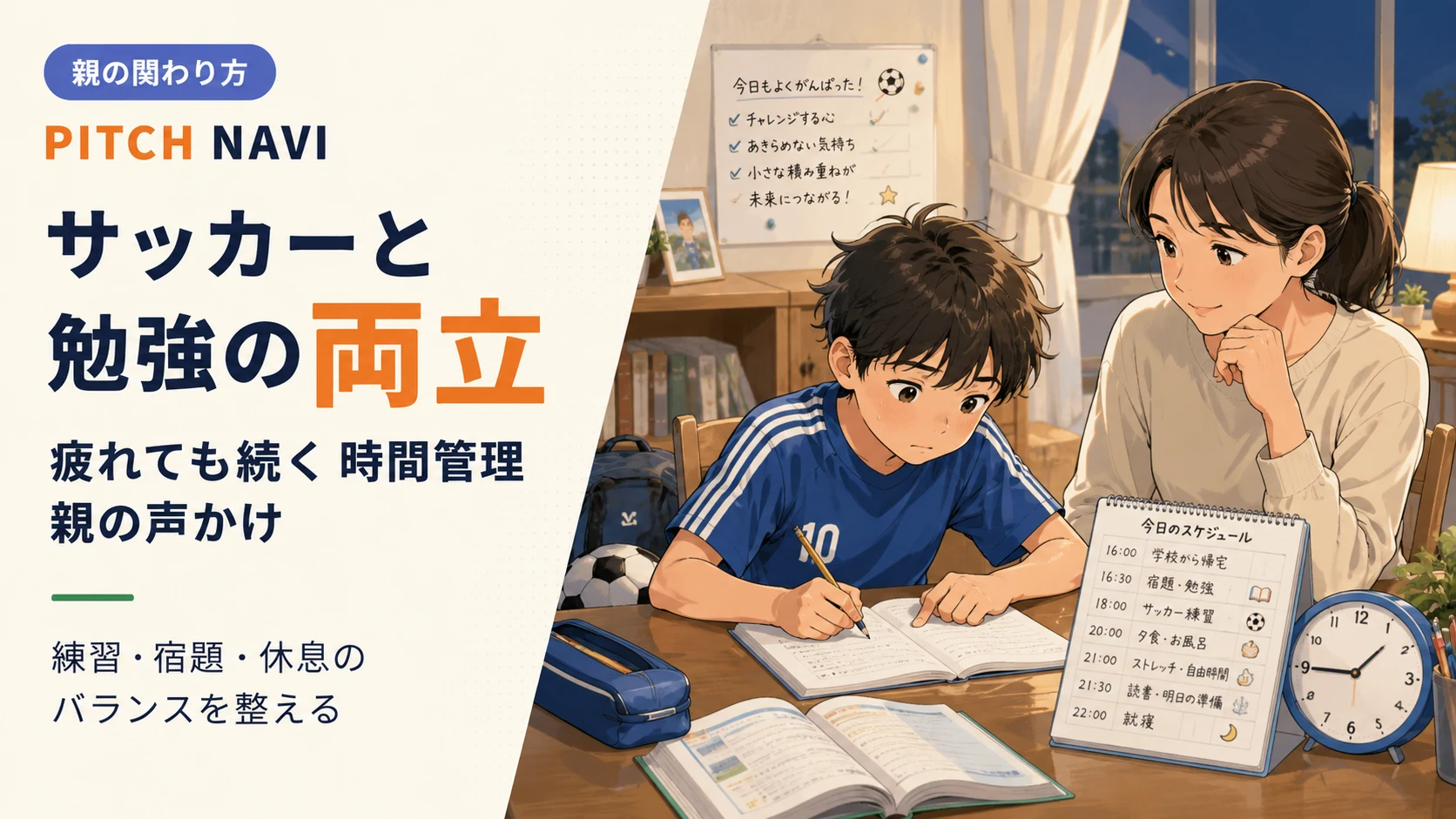 机で宿題に向かう少年の横で、スケジュール表を見ながら母親が見守るアイキャッチ