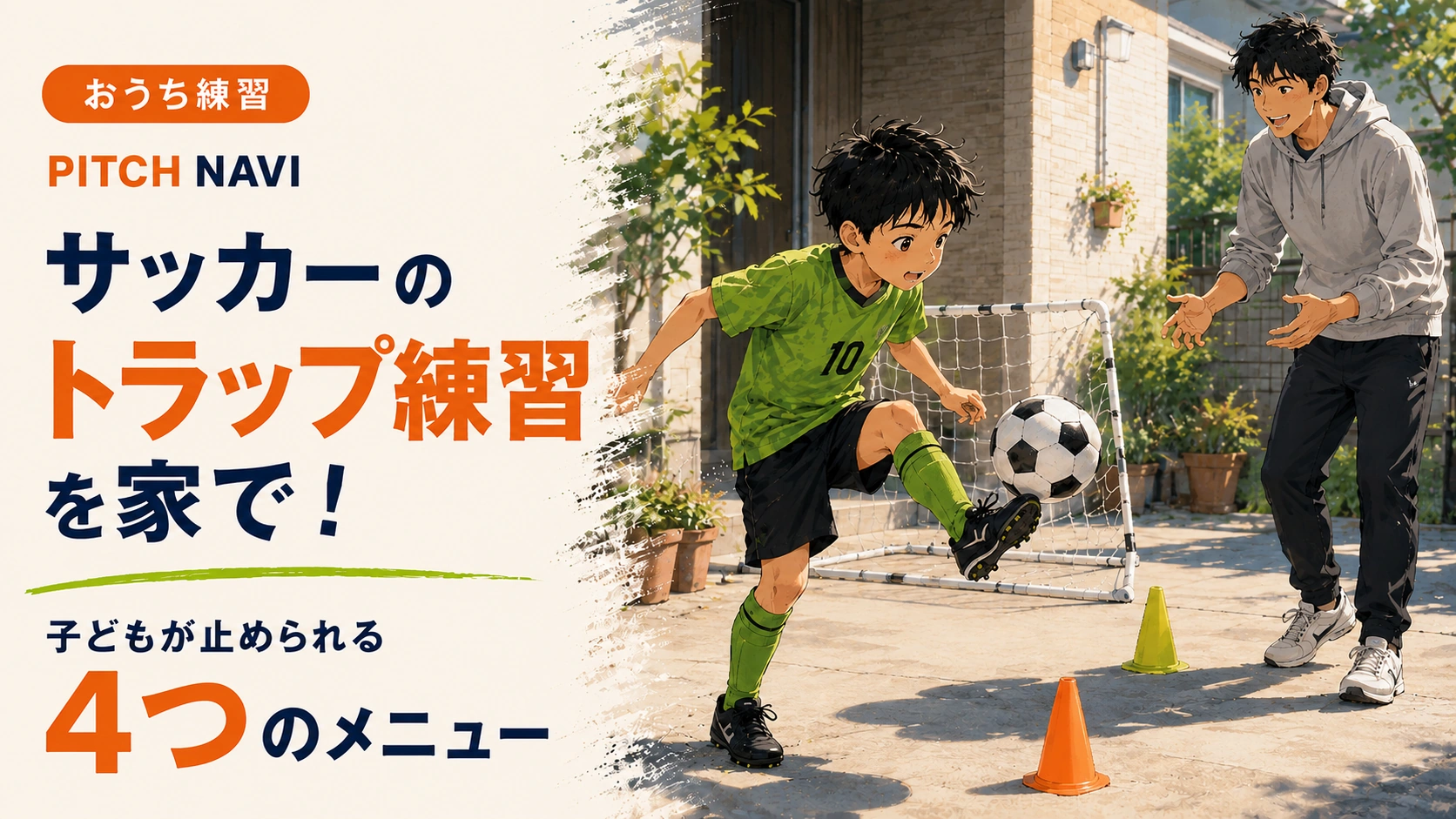 家の前でトラップ練習に取り組む少年と見守る父親のアイキャッチ