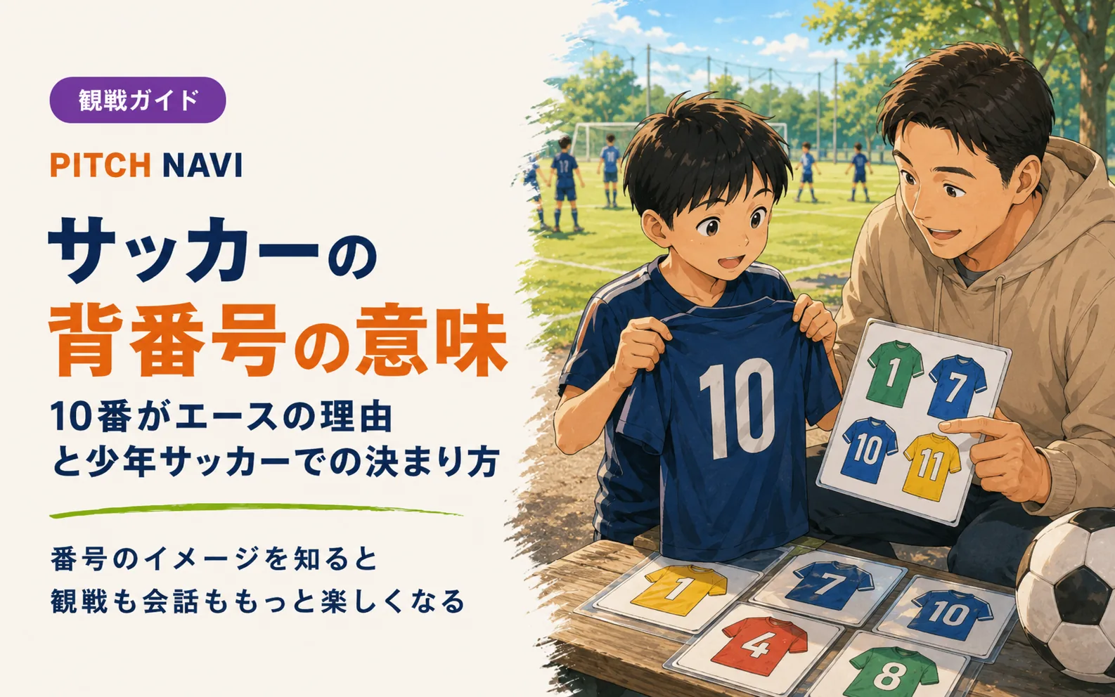 10番のユニフォームを広げる少年と、背番号カードで意味を説明する父親のアイキャッチ
