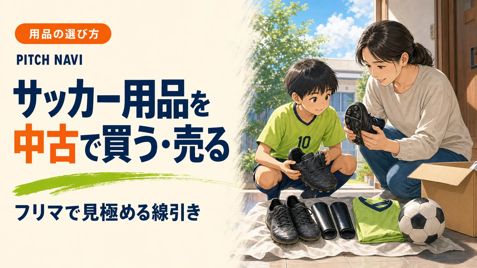 中古のスパイクやすね当てを広げ、状態を確かめる母子のアイキャッチ