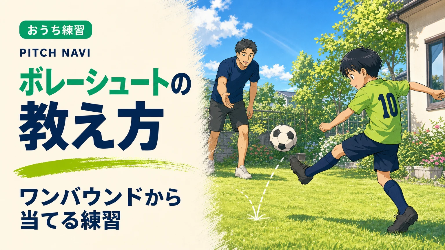 父親が下から投げてワンバウンドしたボールを、少年がボレーで捉える瞬間のアイキャッチ