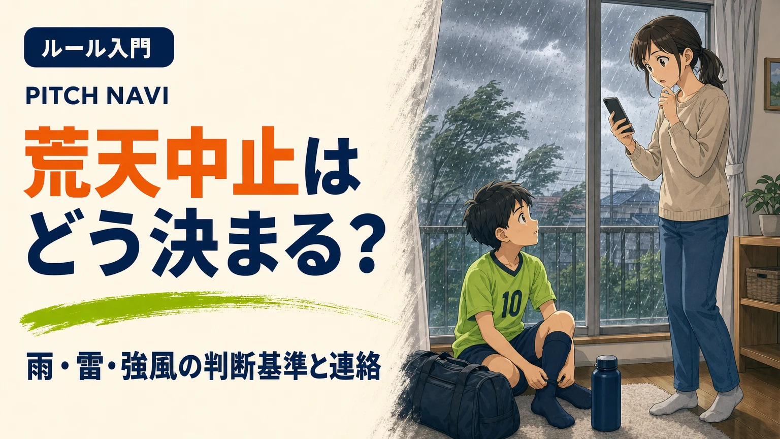 嵐の朝、ユニフォーム姿で待つ少年と、窓辺でスマホの連絡を待つ母親のアイキャッチ