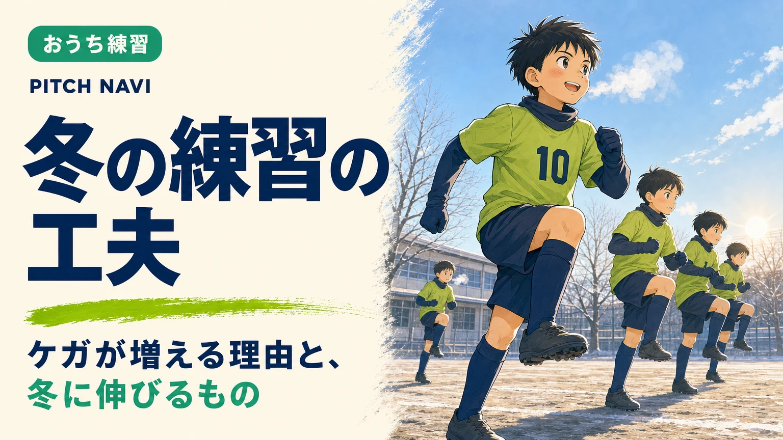 白い息を吐きながら、長袖インナーを着てもも上げでウォームアップする少年たちのアイキャッチ
