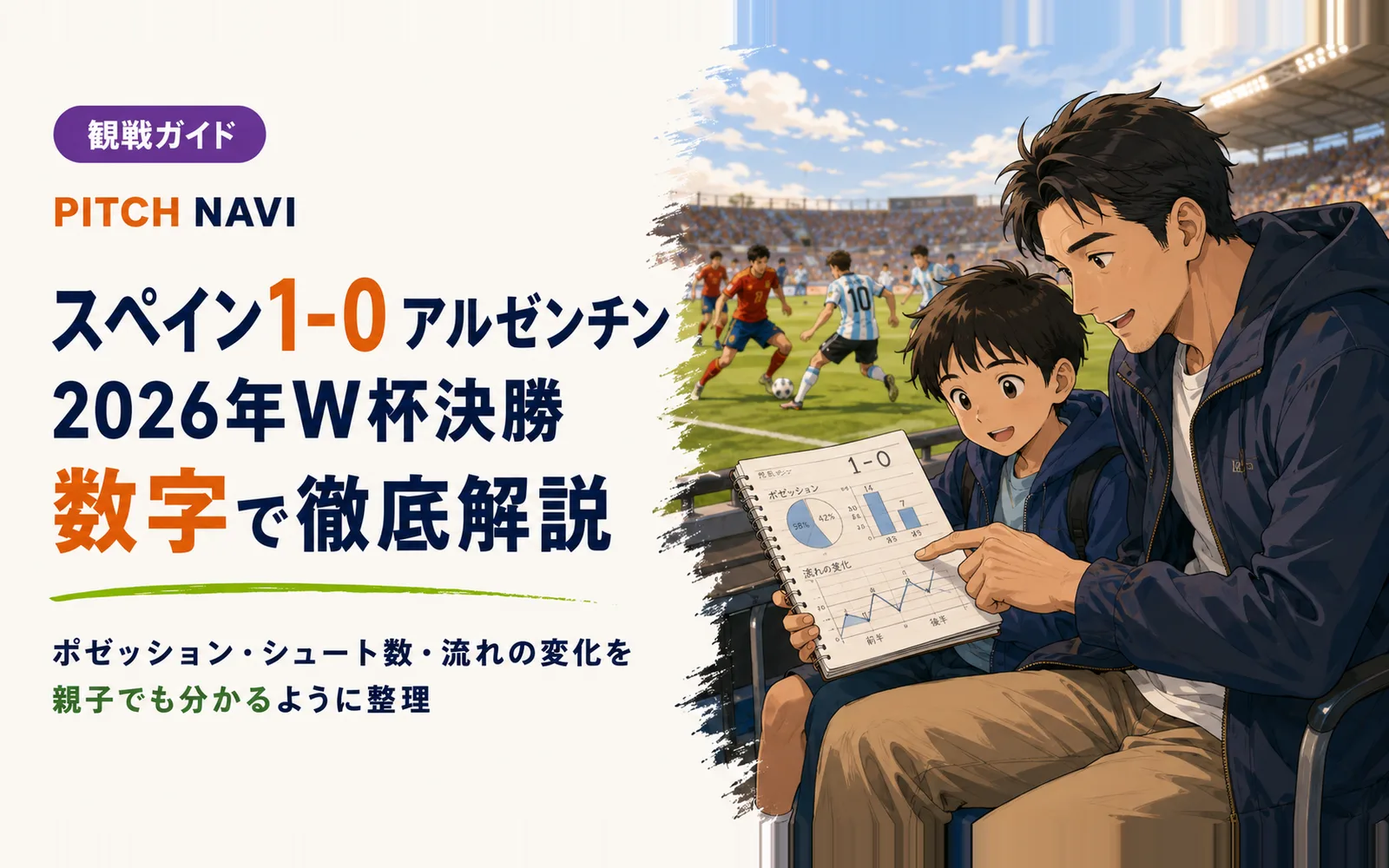 スタンドで親子がノートを見ながら2026年W杯決勝のスタッツを分析する観戦ガイドのアイキャッチ
