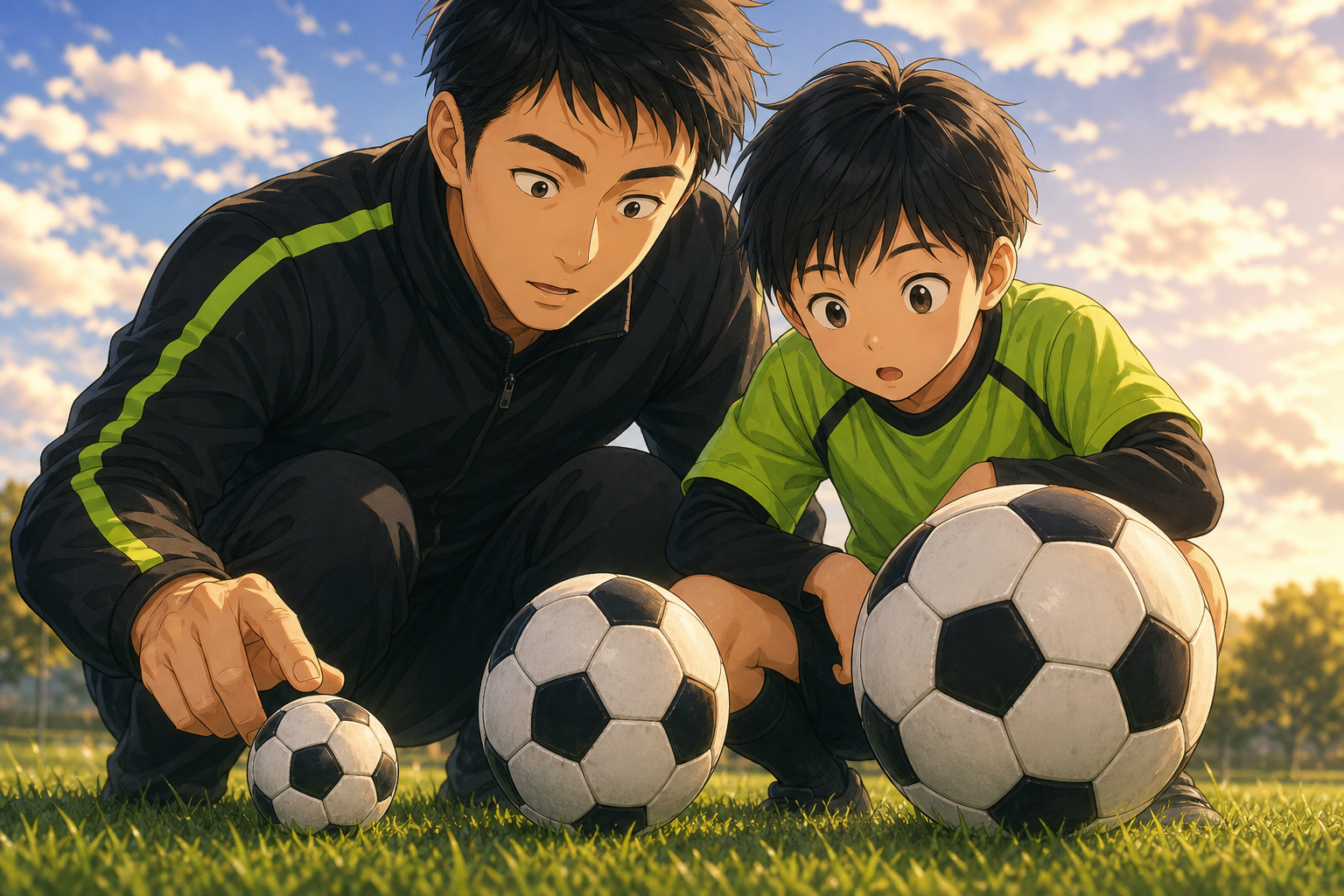 大きさの違う3つのサッカーボールを見比べる親子