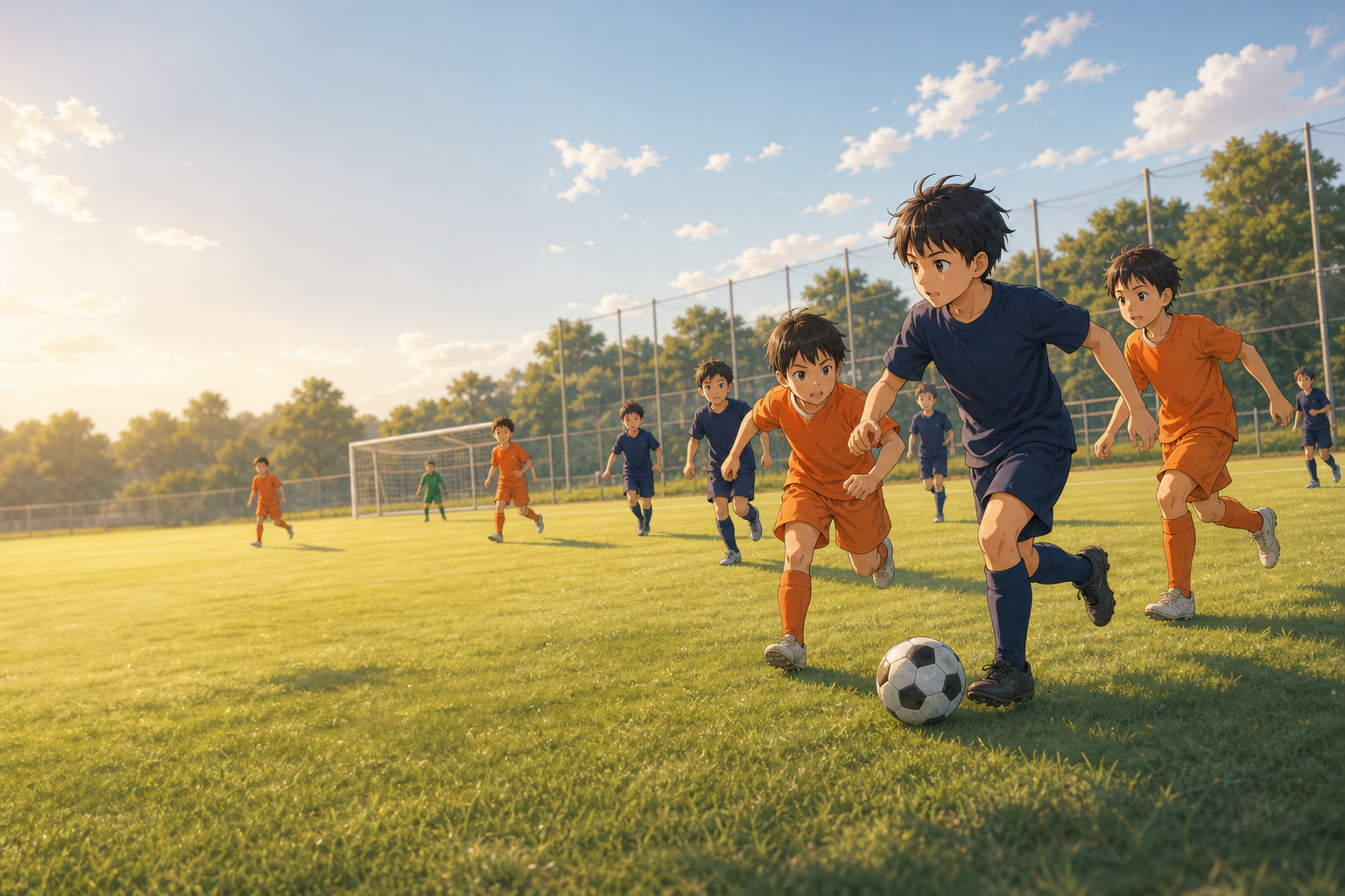 コンパクトなピッチで行われる8人制の少年サッカーの試合