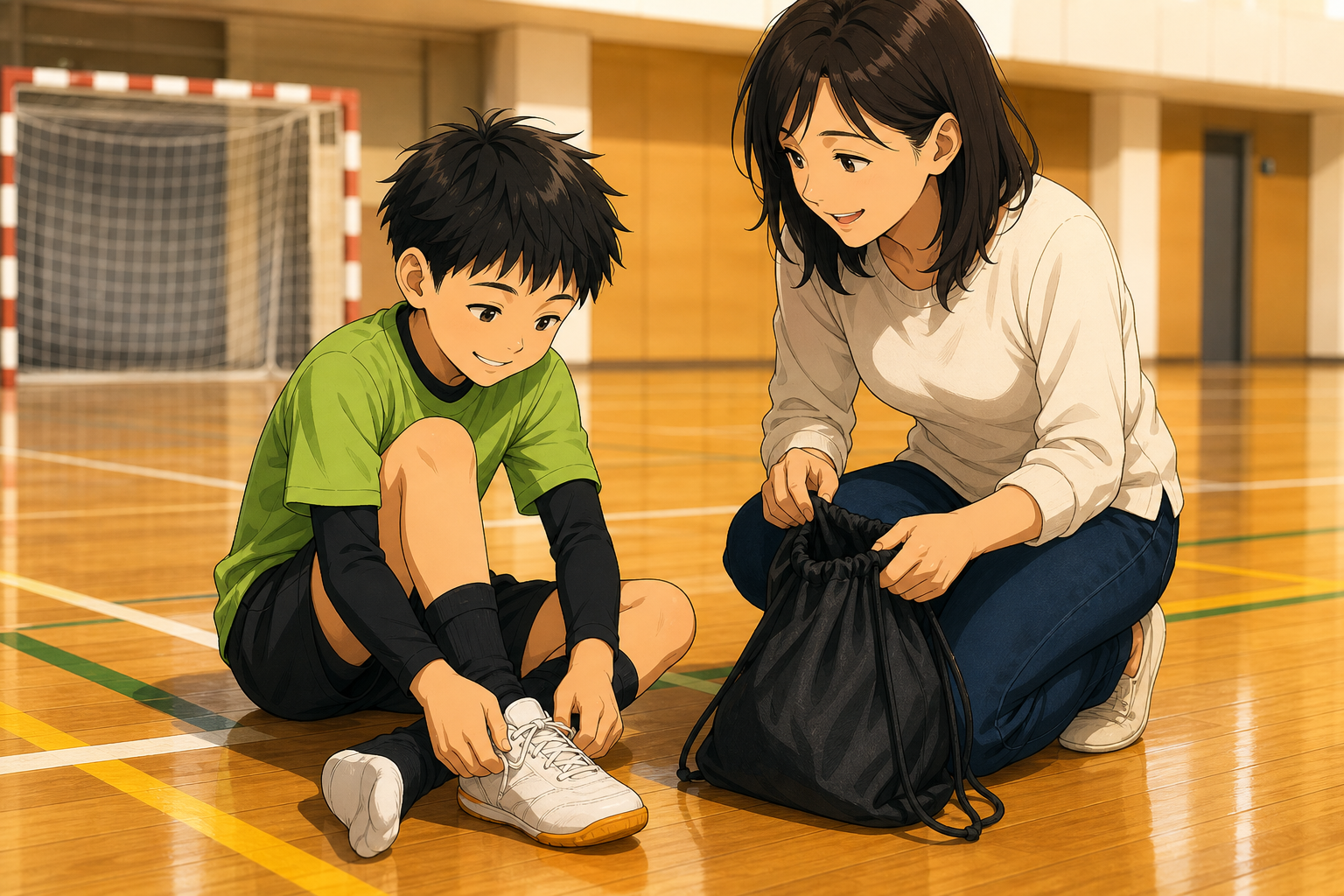 体育館で室内用シューズに履き替える少年と付き添う母親