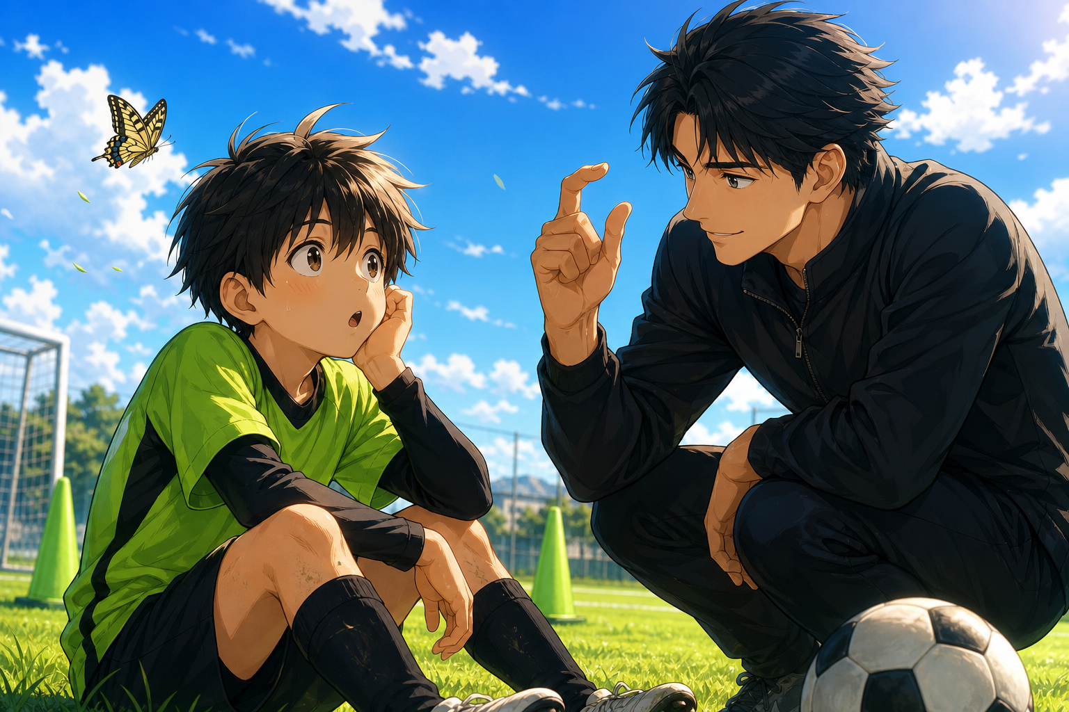 練習中に気が散る少年に根気よく声をかけるコーチ