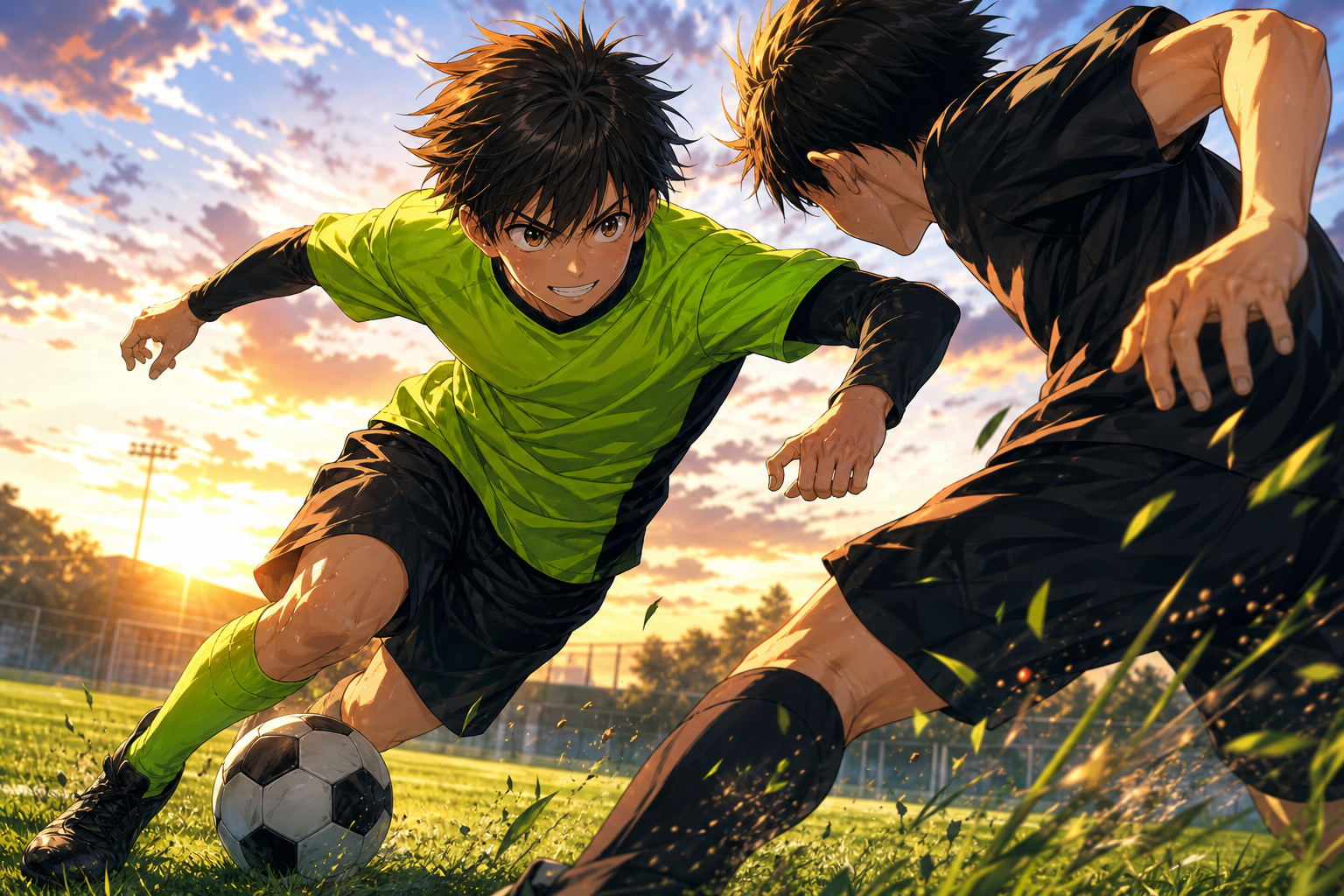 1対1でフェイントを仕掛けて抜きにかかる少年
