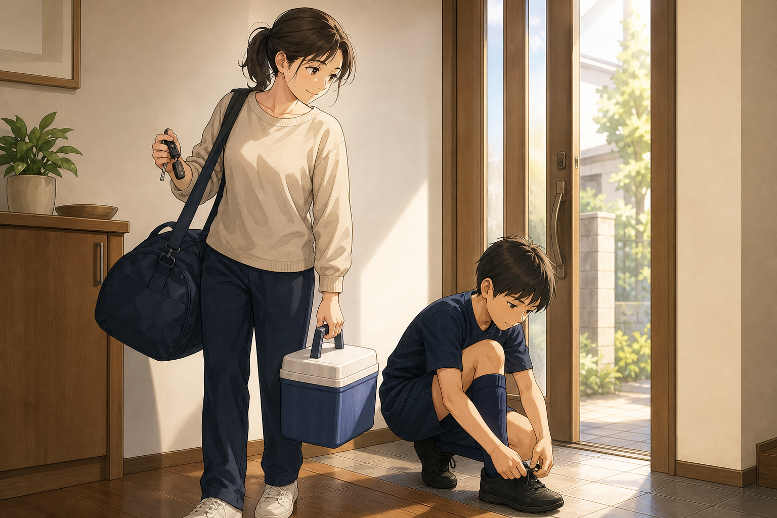 朝、大きな荷物を抱えて送り出しに向かう母親と支度する息子
