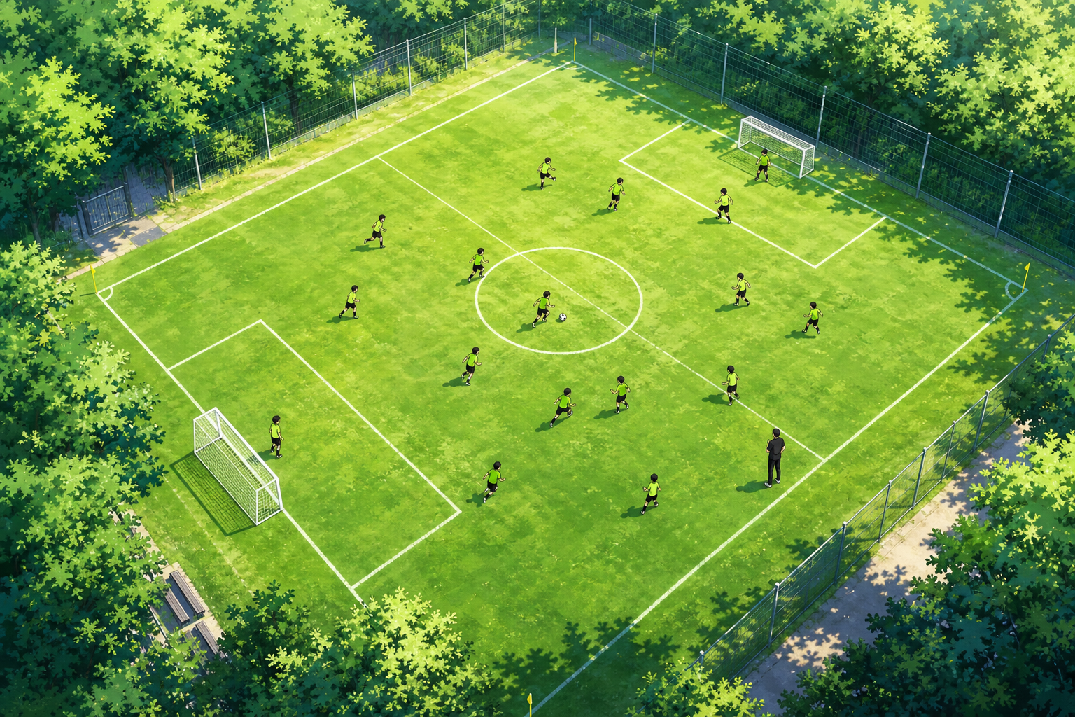 8人制のコンパクトなサッカーコートを上空から見た様子