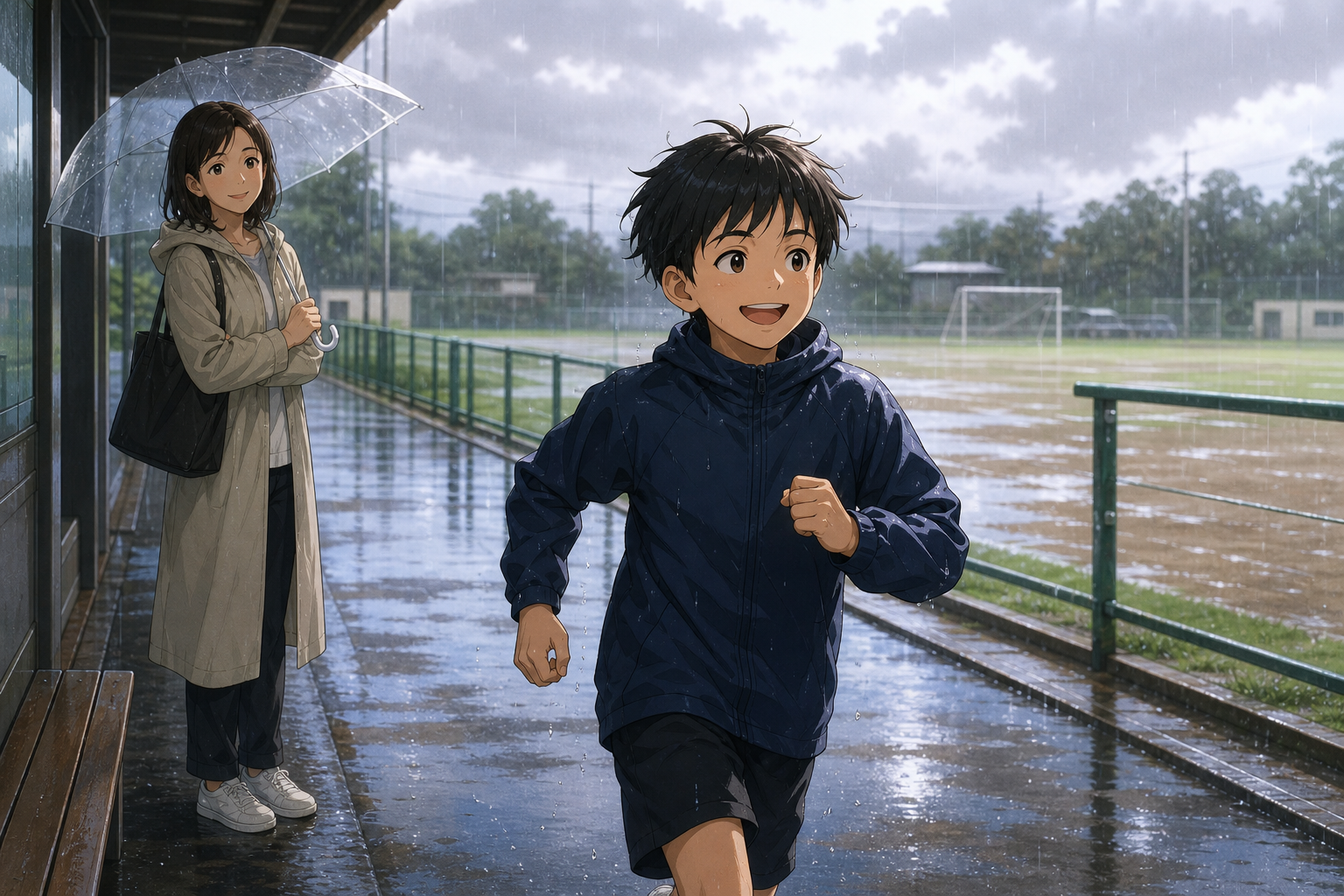 雨の日、レインウェアで元気に走る少年と傘の下で見守る母親