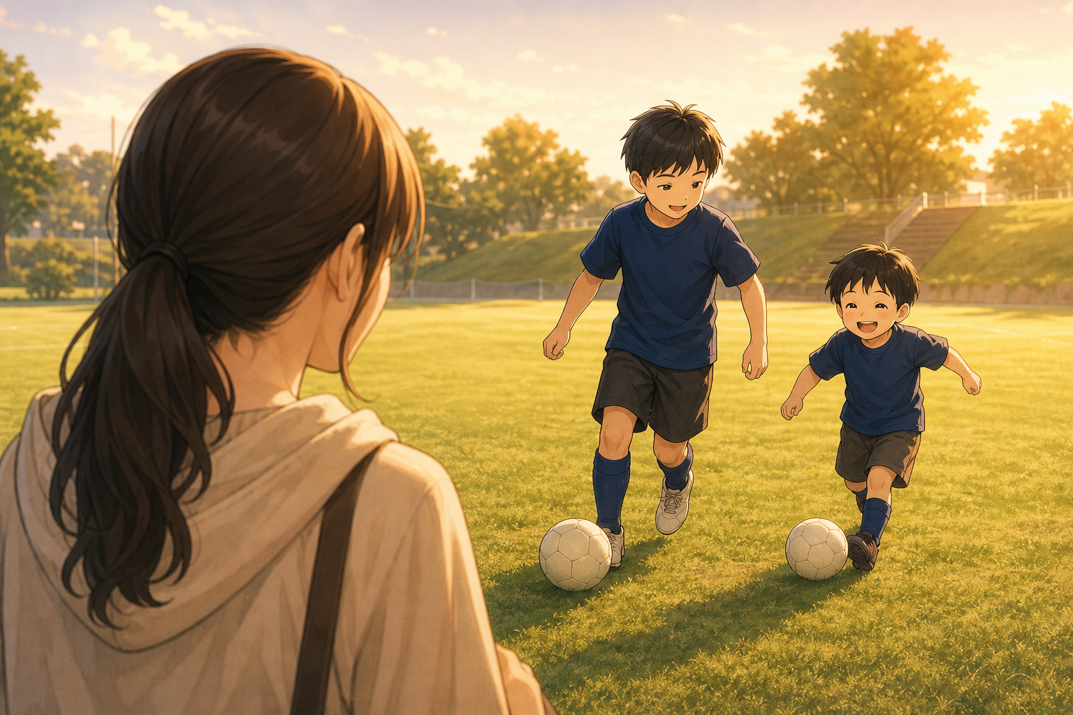並んでドリブルする兄弟をあたたかく見守る母親