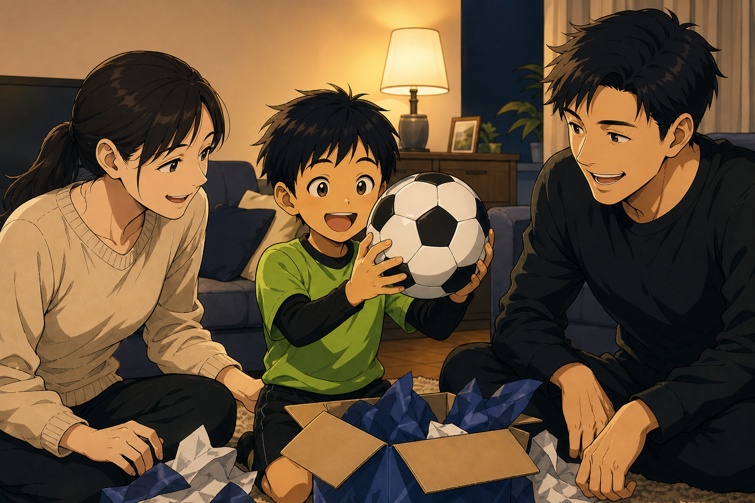 リビングでサッカーボールのプレゼントを喜ぶ少年と両親