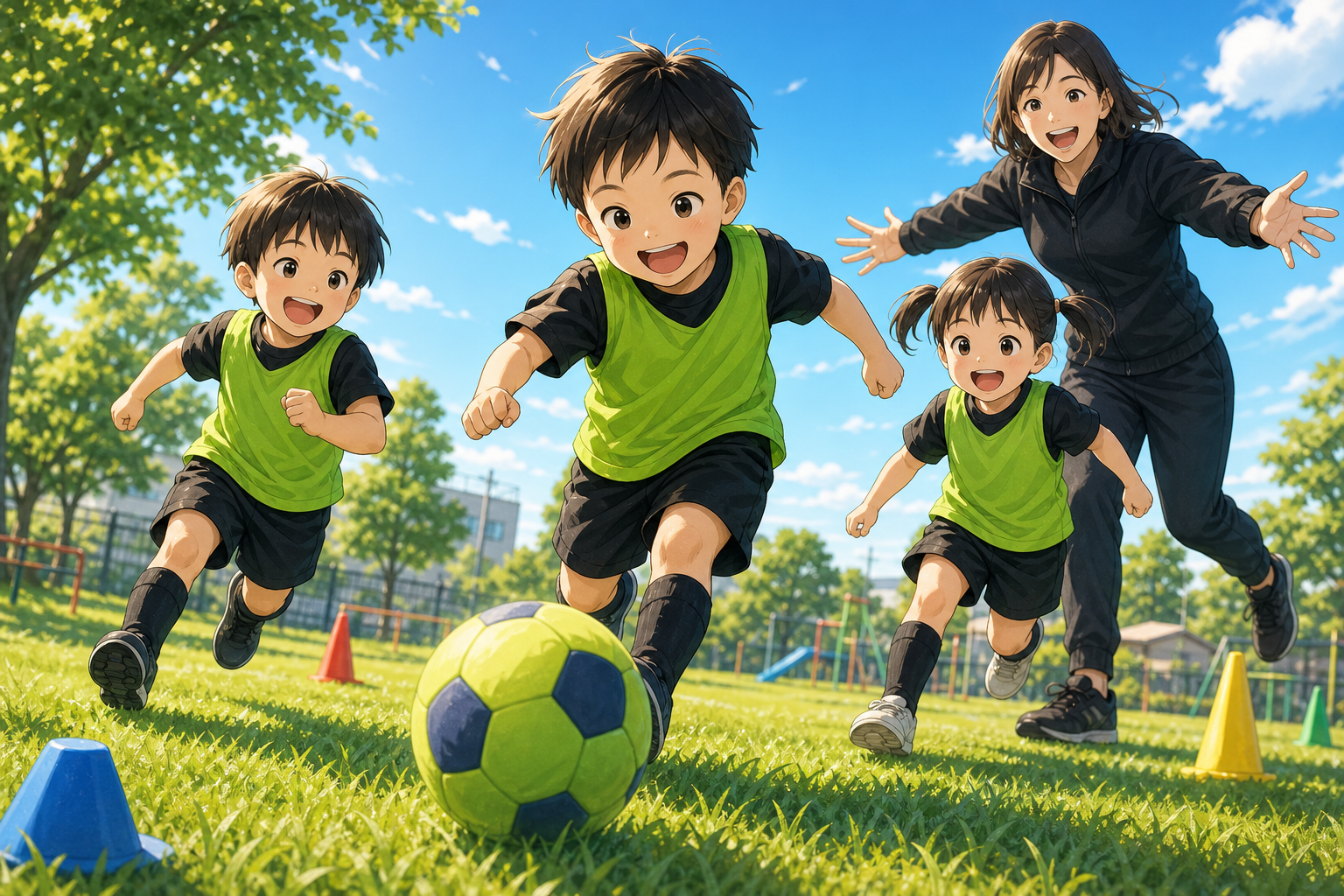 公園でボールを追いかけて夢中で遊ぶ幼児たちと母親