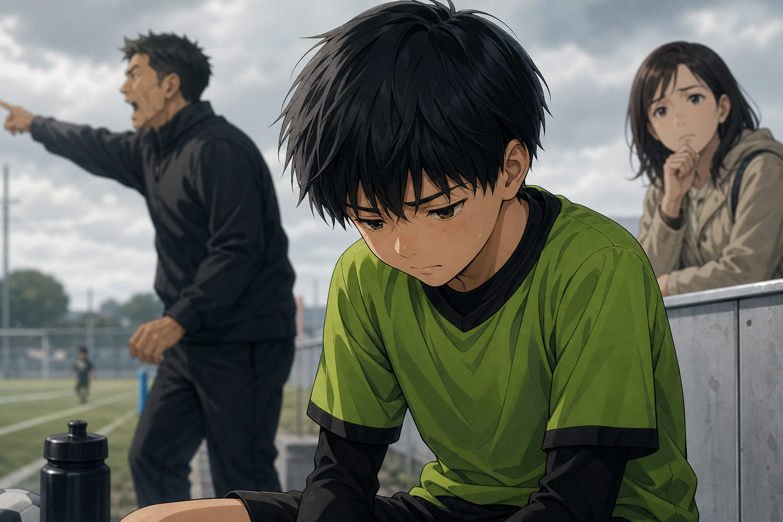 うつむく少年と、離れて心配そうに見守る母親