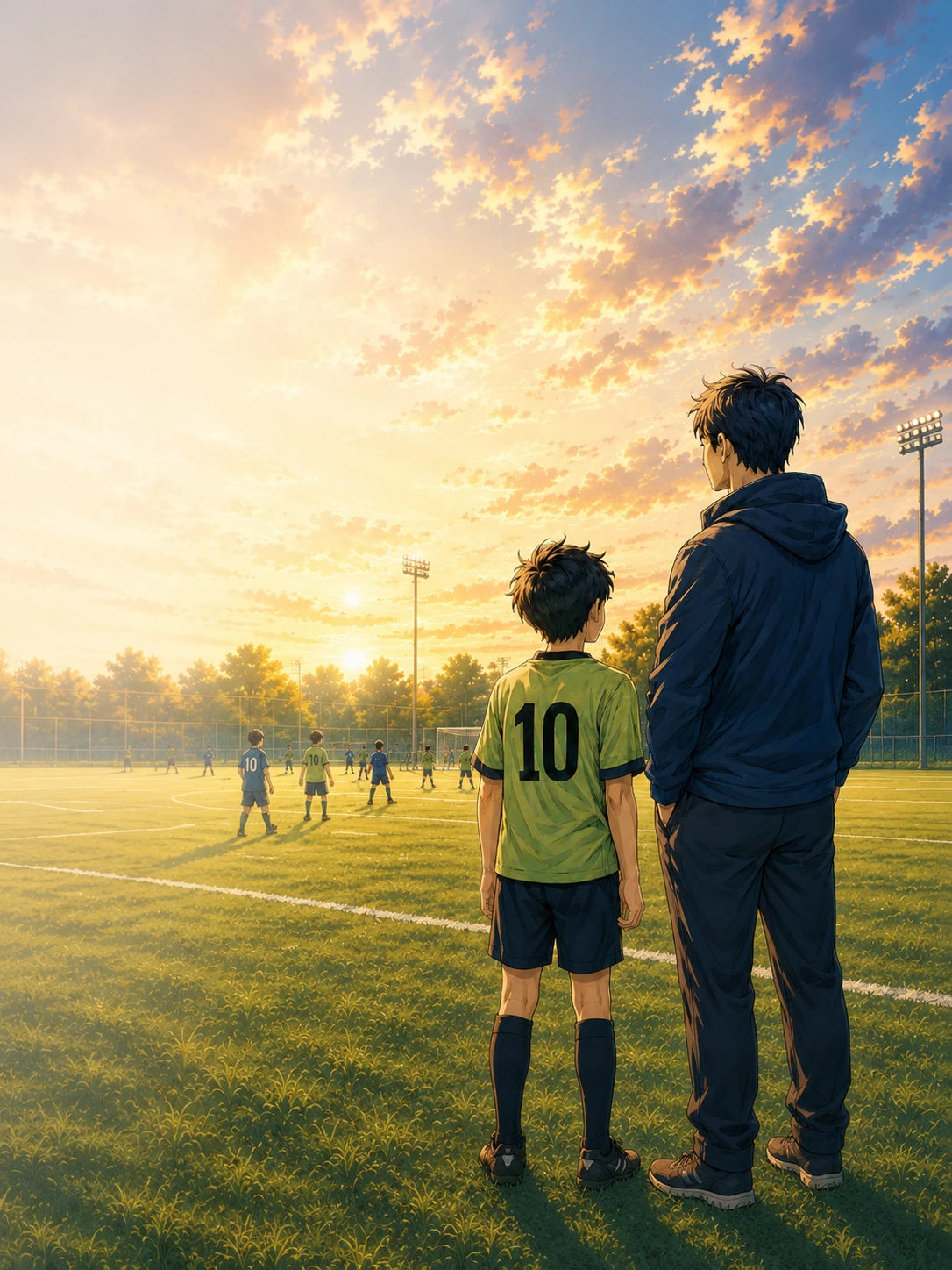 夕暮れのグラウンドで練習する少年サッカー選手とコーチ