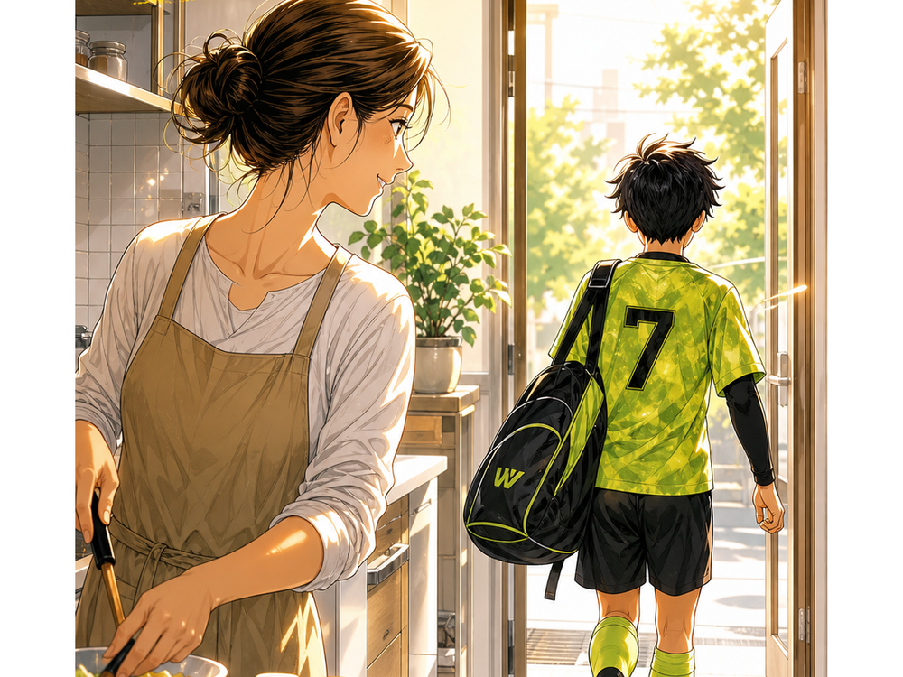 漫画：家の前でボールを持つ子と戸惑う親